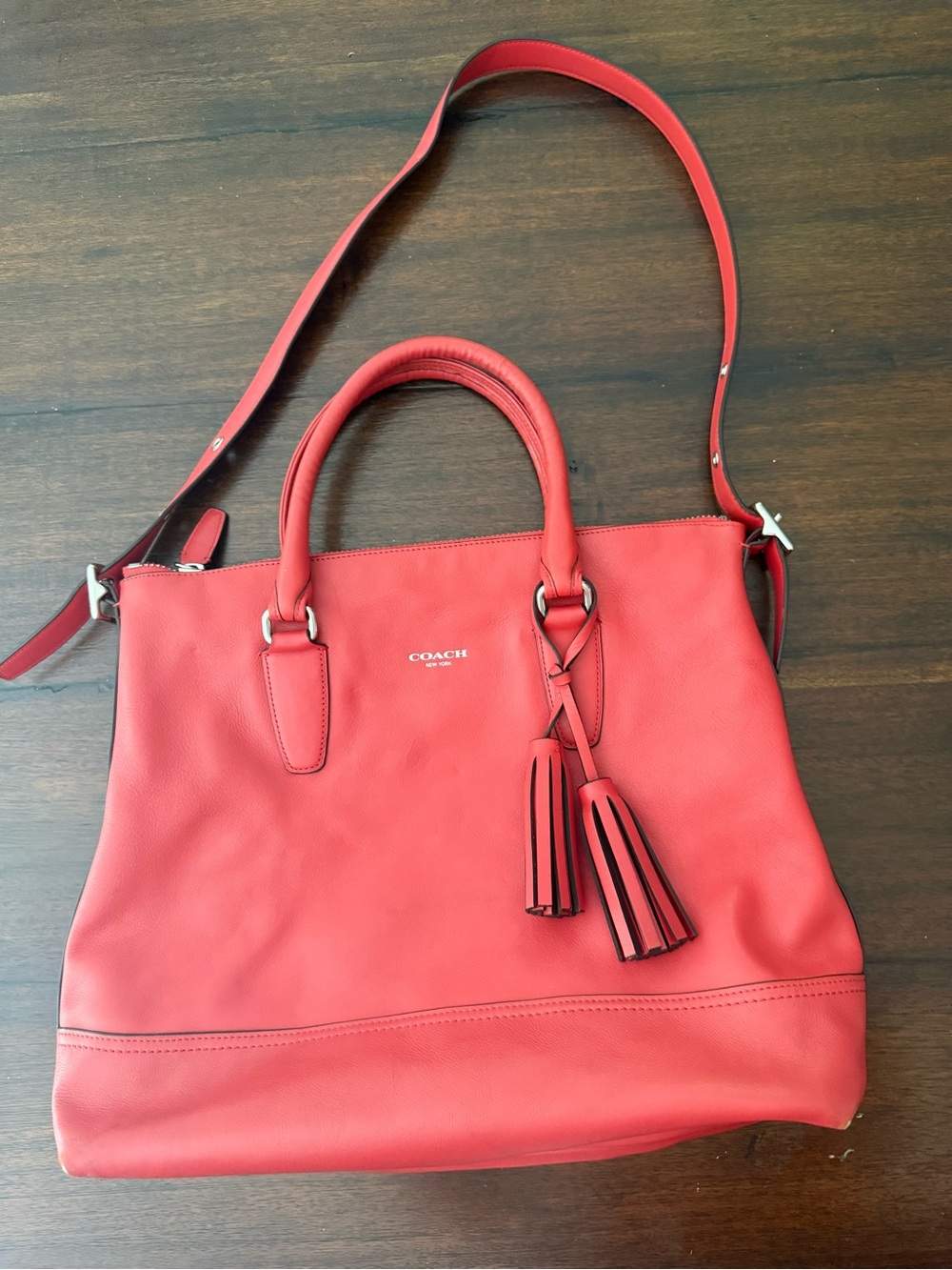 Coach Red Leather Tote with Tassel Accent and Removable Strap